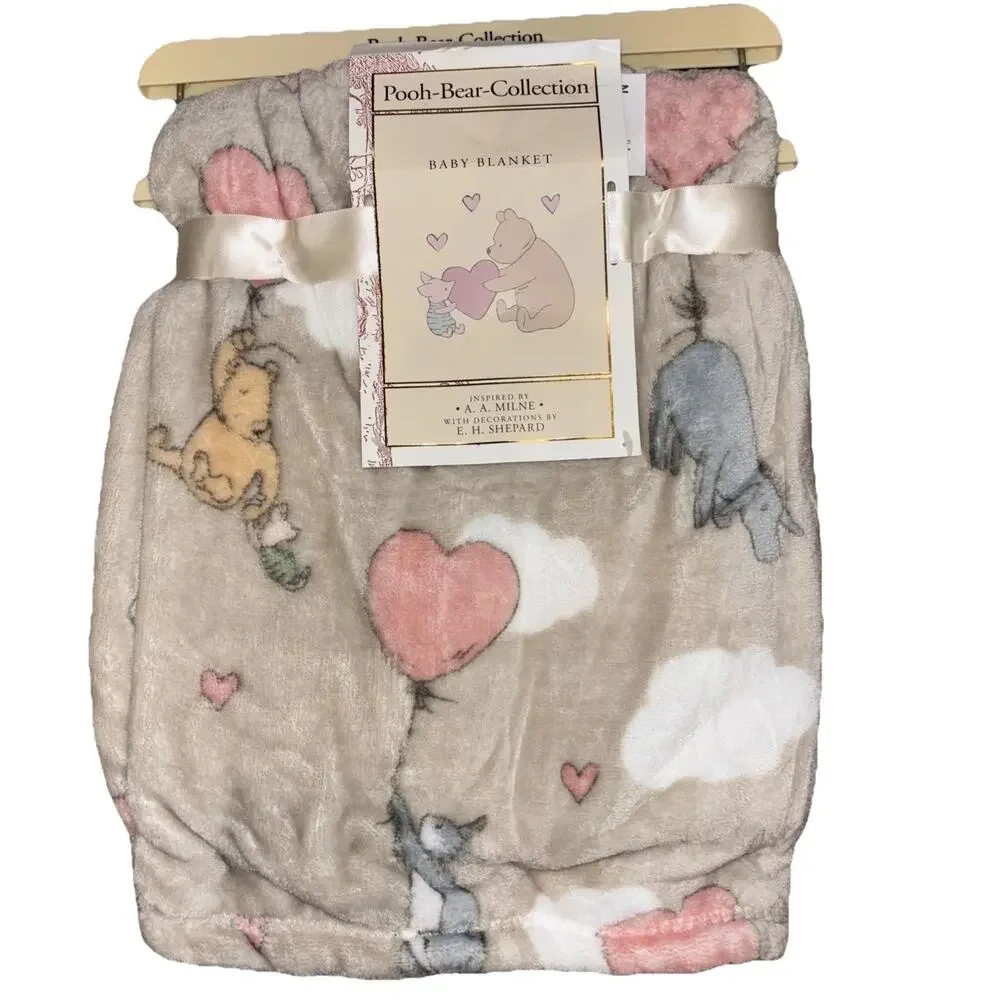 Winnie the Pooh Bear Collection Heart Balloon Baby Blanket Beige Eeyore Piglet